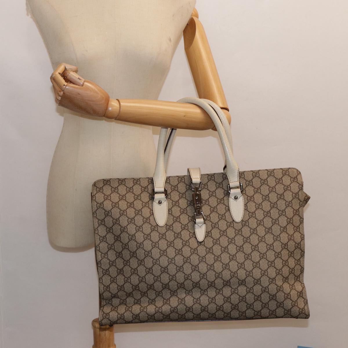 GUCCI GG Supreme Jackie Hand Bag PVC Leather Beige Silver 152610 yk14575