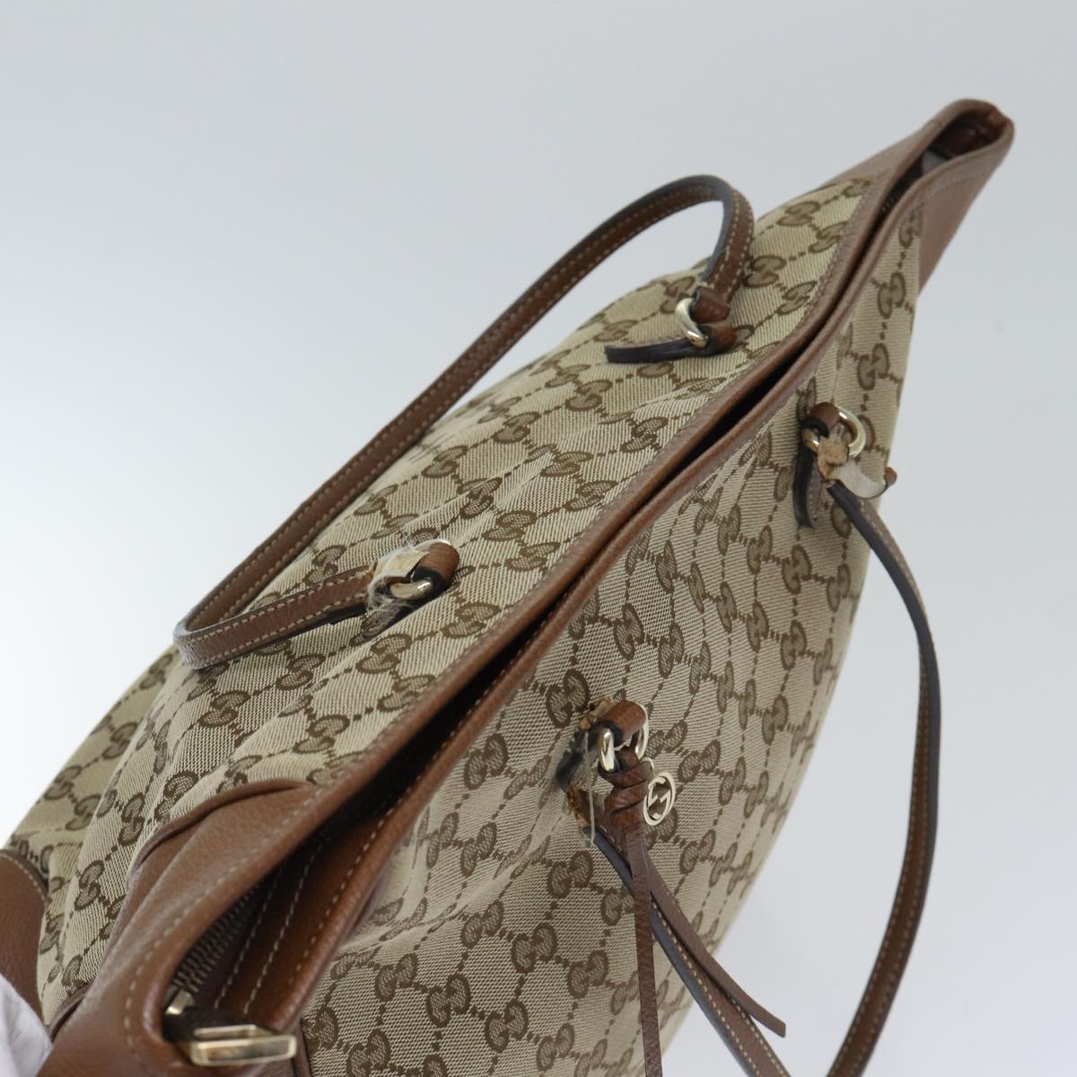 GUCCI GG Canvas Tote Bag Leather Beige Brown gold 323671 yk14577