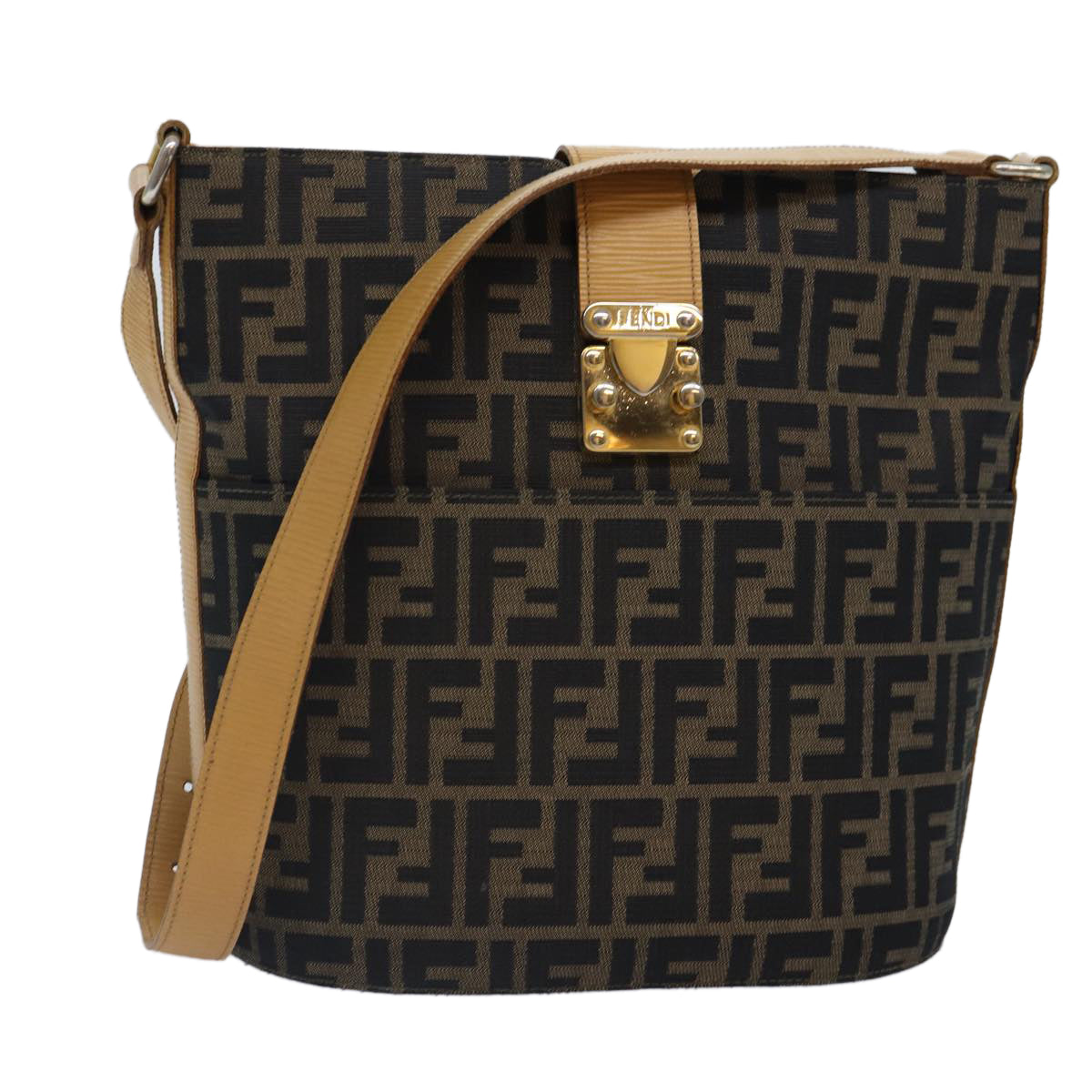 FENDI Zucca Canvas Shoulder Bag Gold Black Brown yk14581