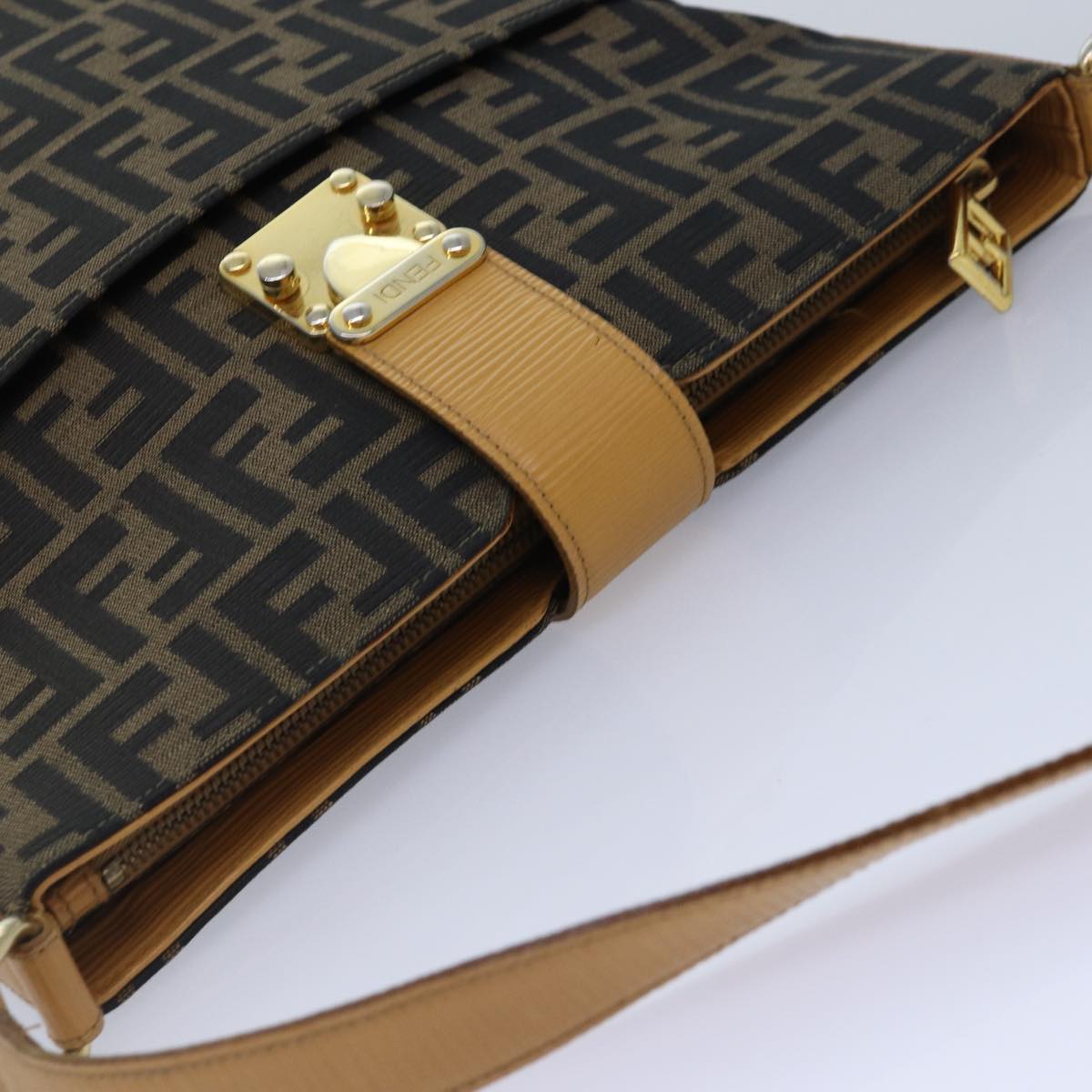 FENDI Zucca Canvas Shoulder Bag Gold Black Brown yk14581