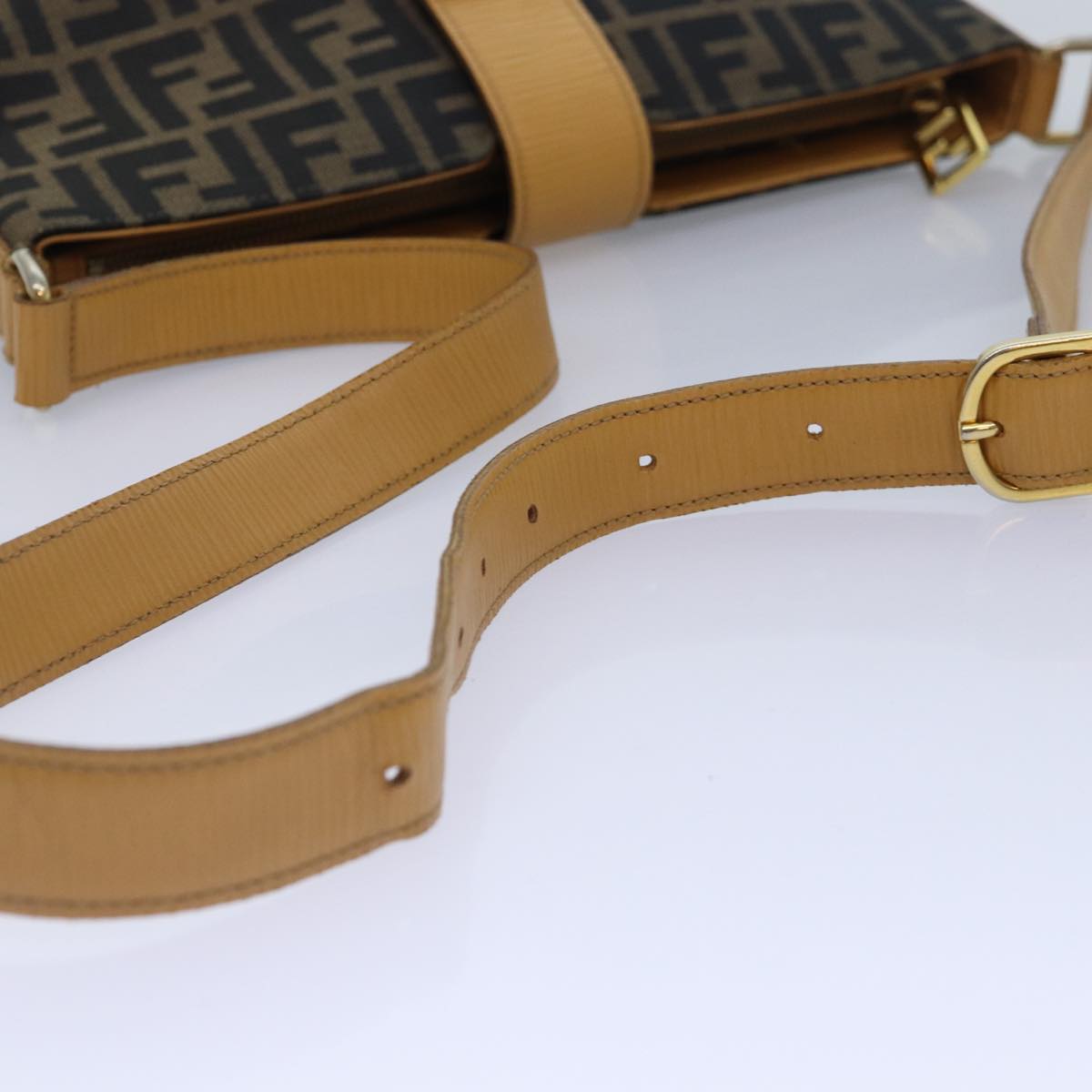 FENDI Zucca Canvas Shoulder Bag Gold Black Brown yk14581