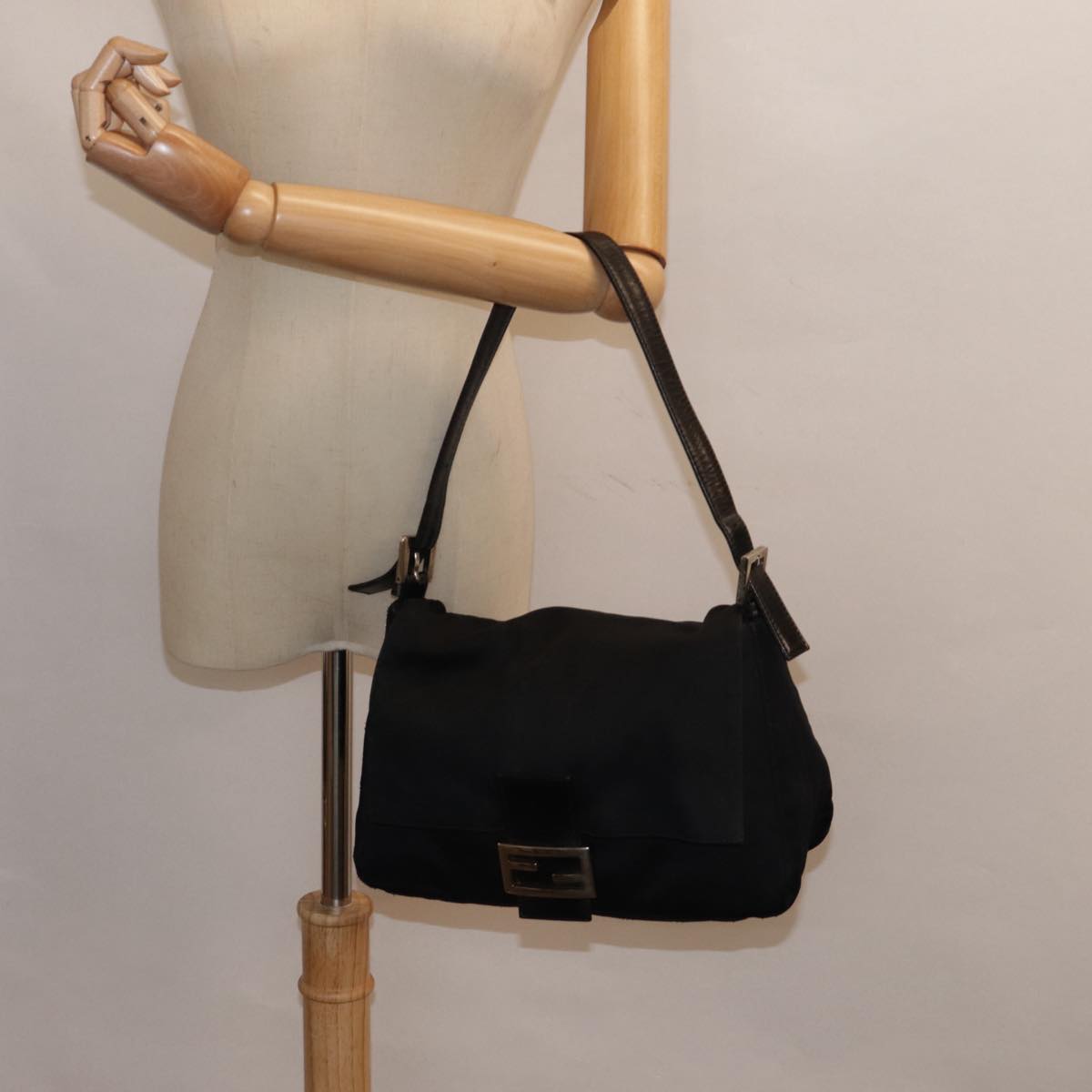 FENDI Mamma Baguette Shoulder Bag Nylon Black Silver yk14611