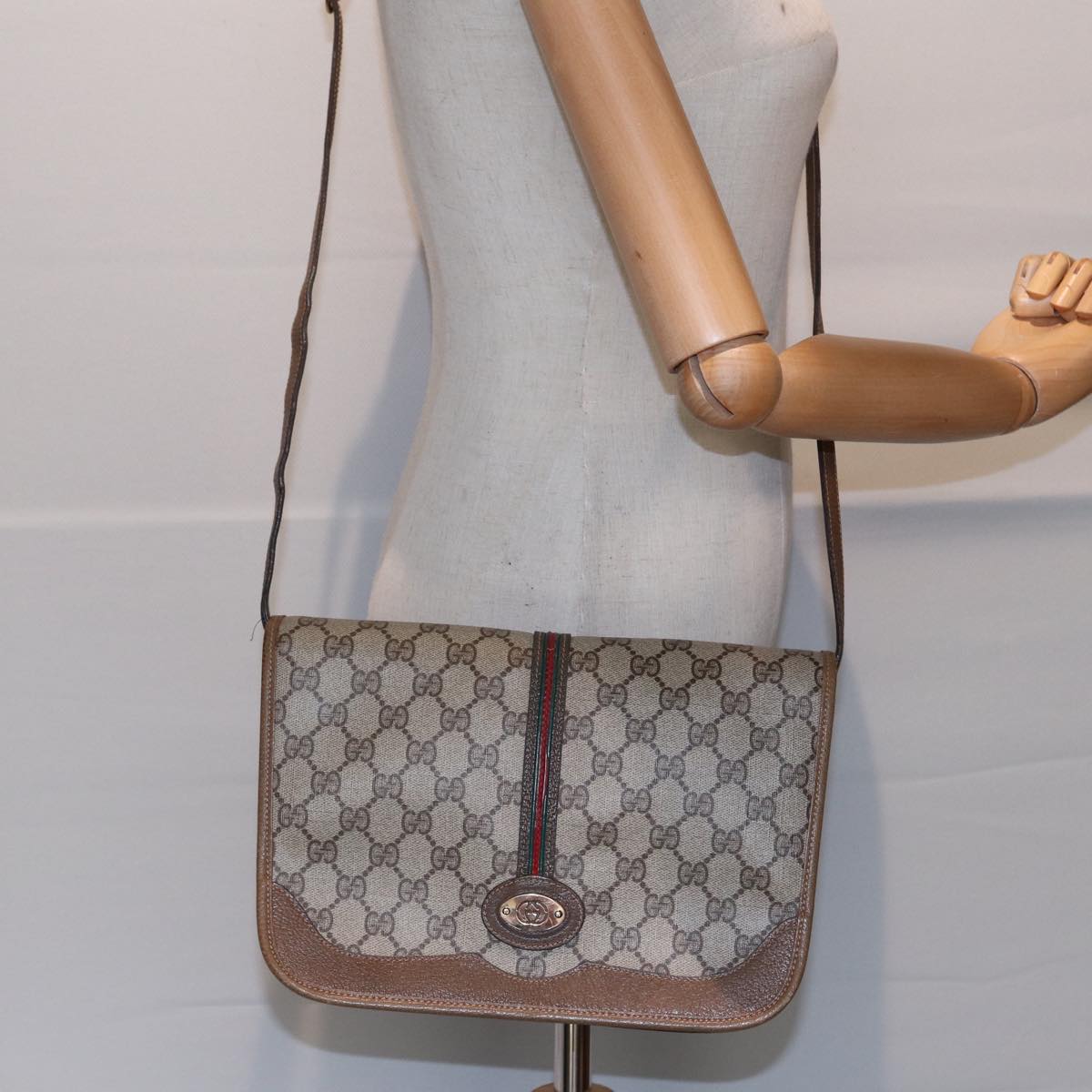 GUCCI GG Supreme Web Sherry Line Shoulder Bag PVC Beige Gold yk14618