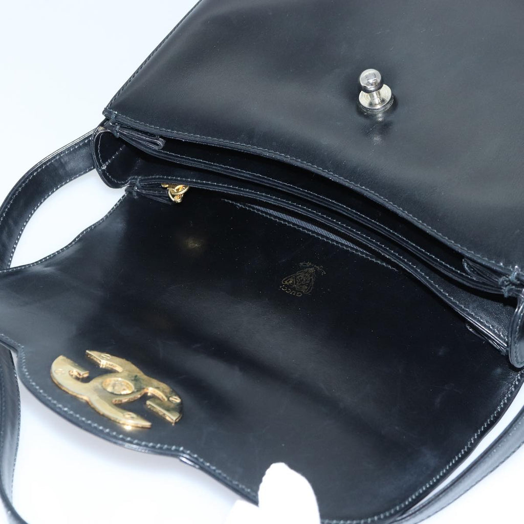 GUCCI Hand Bag Leather Black Gold yk14666