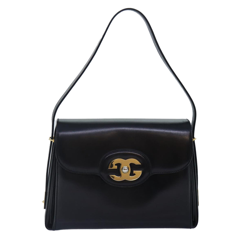 GUCCI Hand Bag Leather Black Gold yk14666