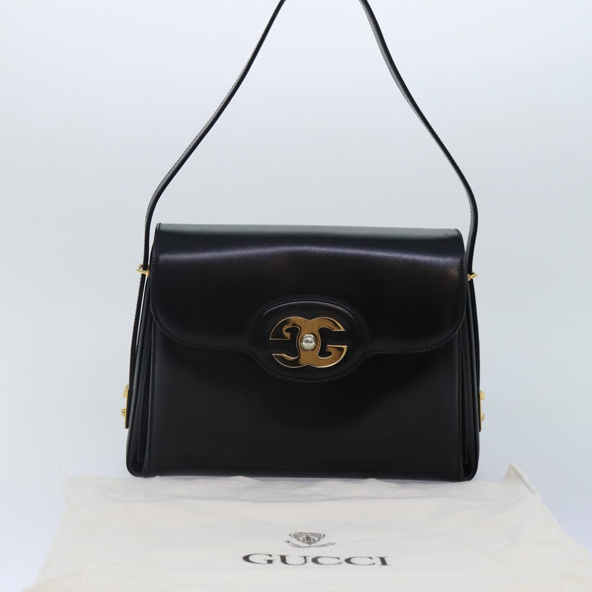 GUCCI Hand Bag Leather Black Gold yk14666
