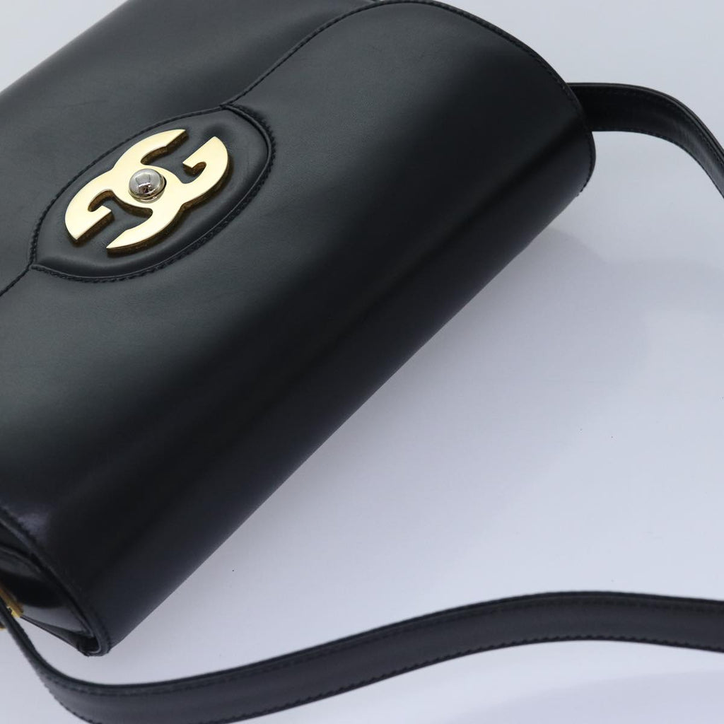GUCCI Hand Bag Leather Black Gold yk14666