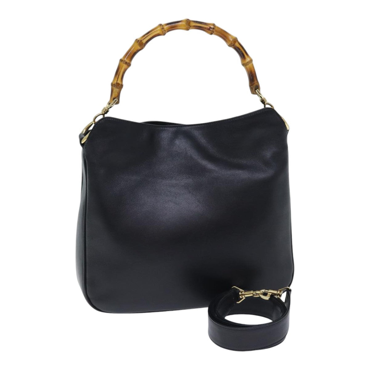GUCCI Bamboo Hand Bag Leather 2way Black Gold 001 1638 2404 yk14684
