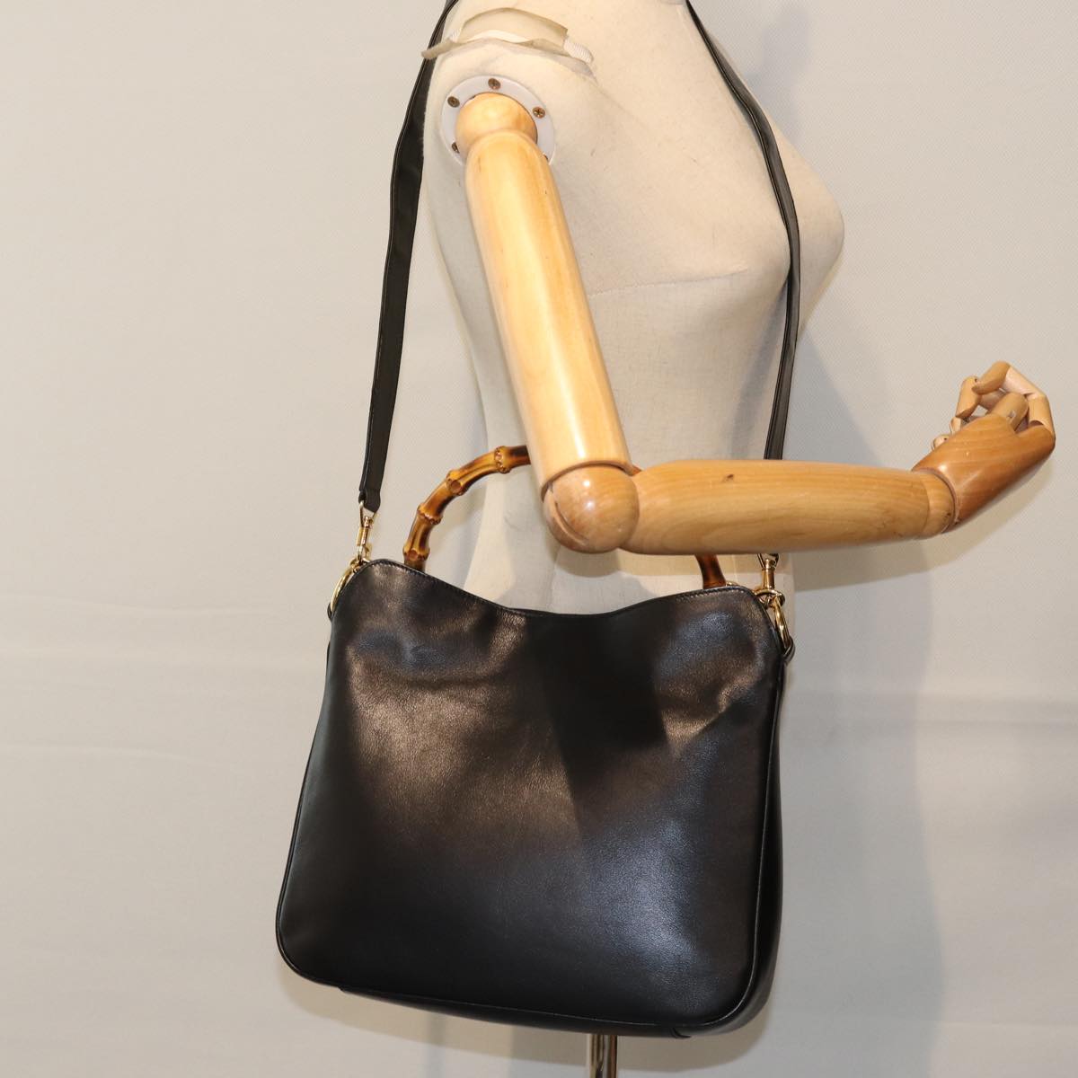 GUCCI Bamboo Hand Bag Leather 2way Black Gold 001 1638 2404 yk14684