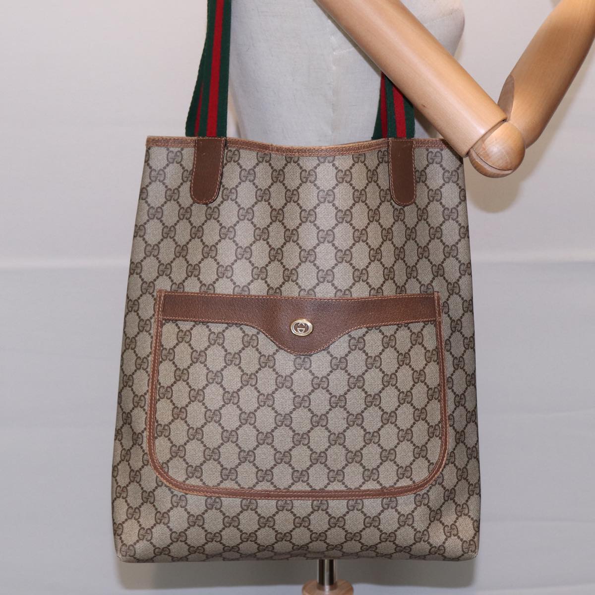 GUCCI GG Supreme Web Sherry Line Tote Bag PVC Beige 89 02 003 yk14710