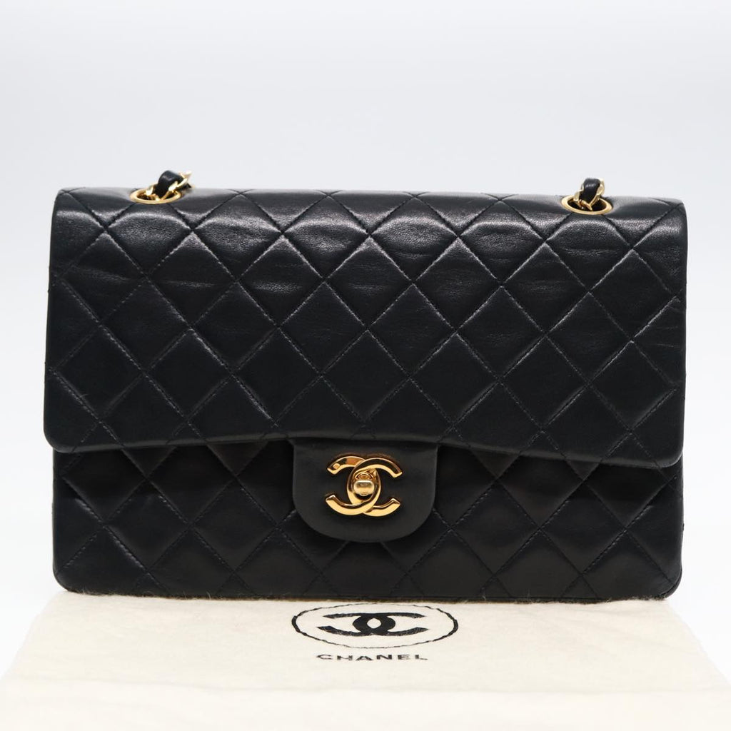 CHANEL Matelasse 25 Turn Lock Chain Bag Lamb Skin Black Gold CC yk14719A
