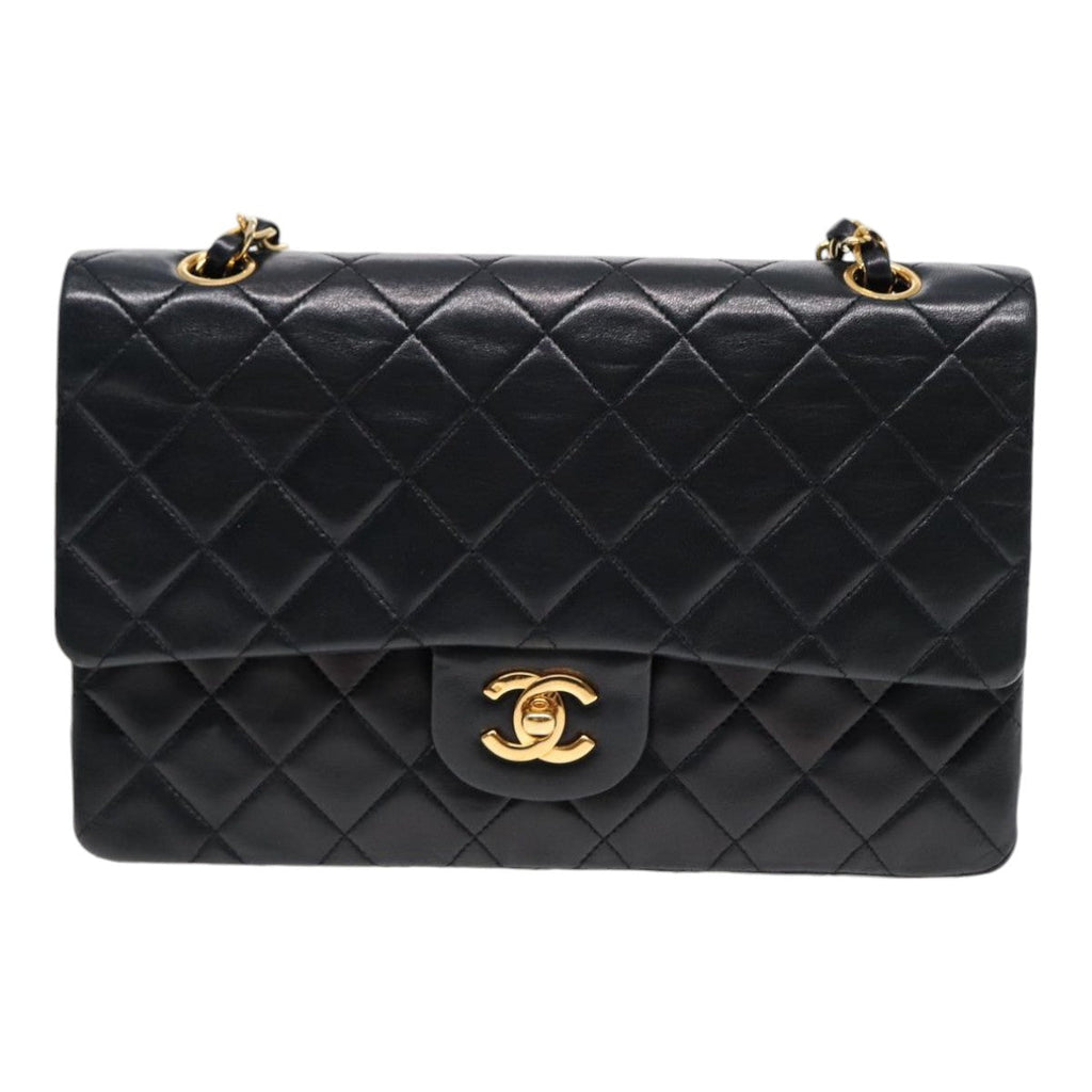 CHANEL Matelasse 25 Turn Lock Chain Bag Lamb Skin Black Gold CC yk14719A