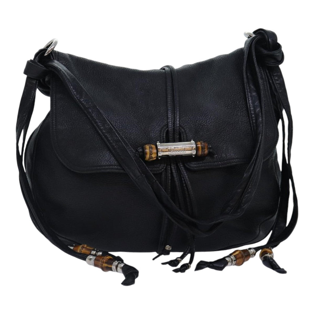 GUCCI Bamboo Shoulder Bag Leather Black Silver 232940 yk14720