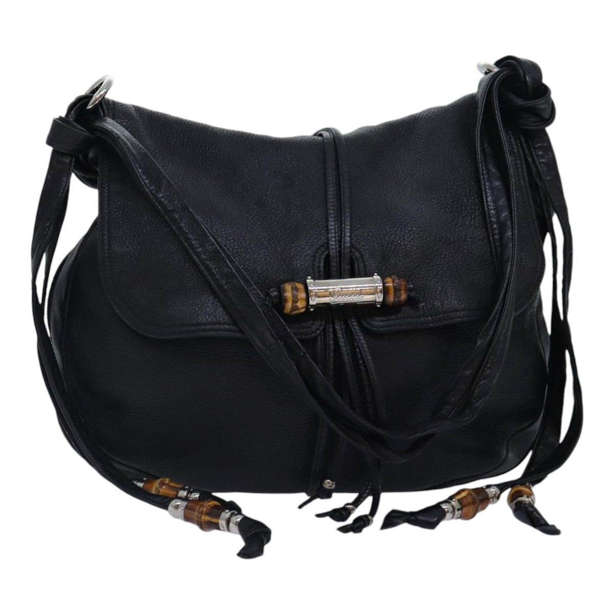 GUCCI Bamboo Shoulder Bag Leather Black Silver 232940 yk14720