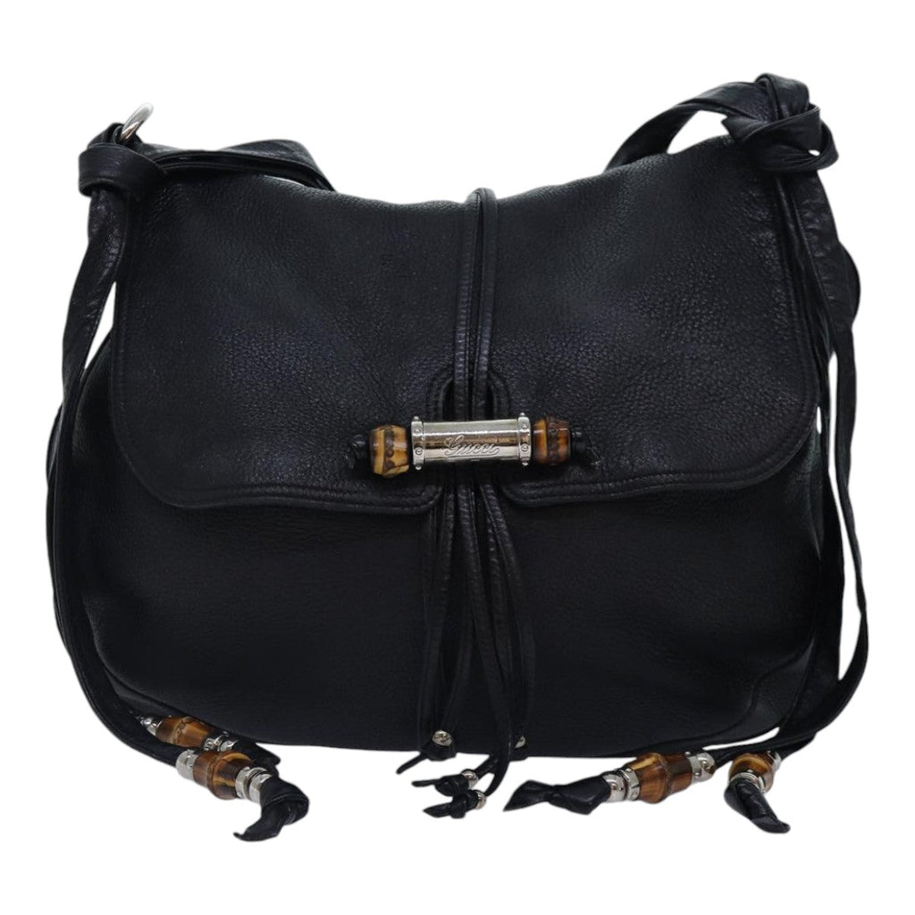 GUCCI Bamboo Shoulder Bag Leather Black Silver 232940 yk14720