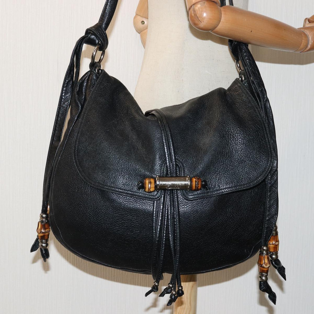 GUCCI Bamboo Shoulder Bag Leather Black Silver 232940 yk14720
