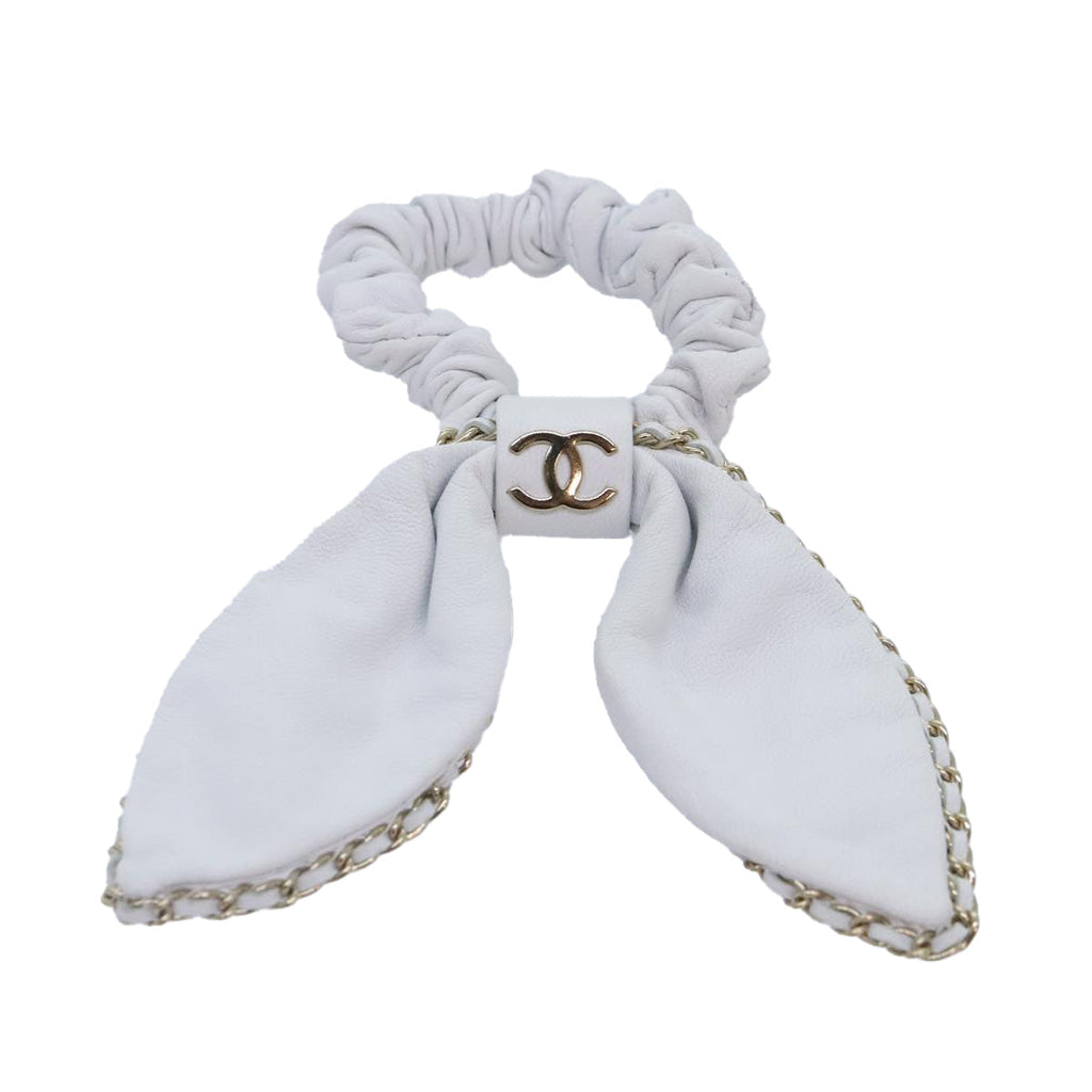 CHANEL COCO Mark Scrunchie Hair clip Lamb Skin White CC yk14744
