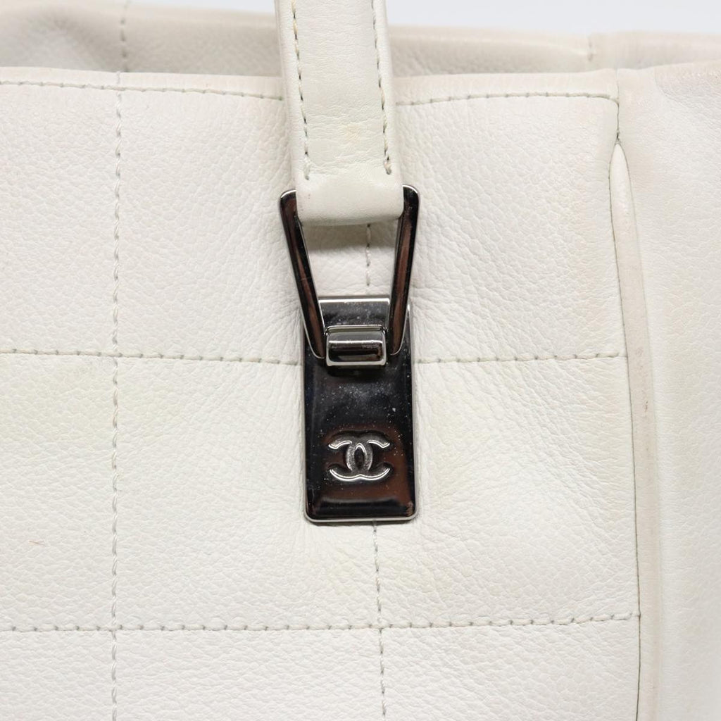 CHANEL Choco Bar Hand Bag Leather White Silver CC yk14765