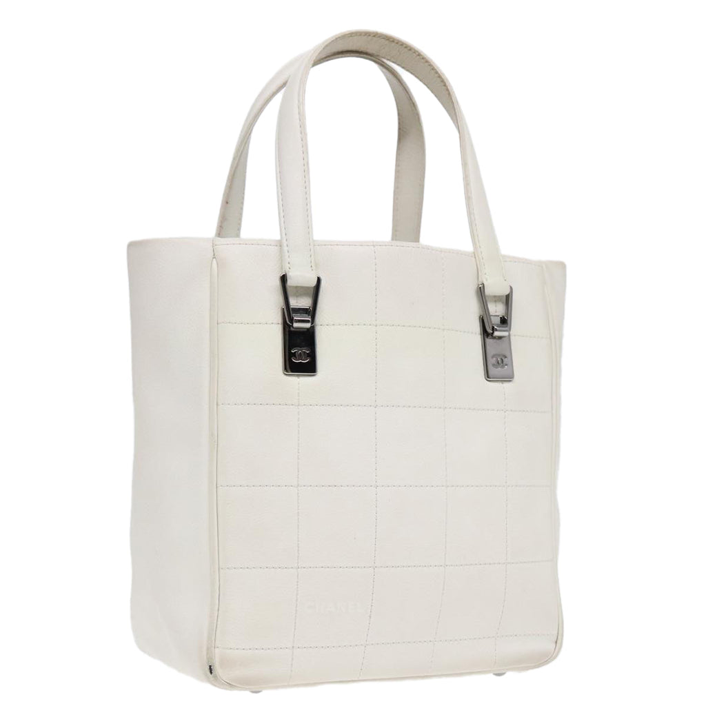 CHANEL Choco Bar Hand Bag Leather White Silver CC yk14765