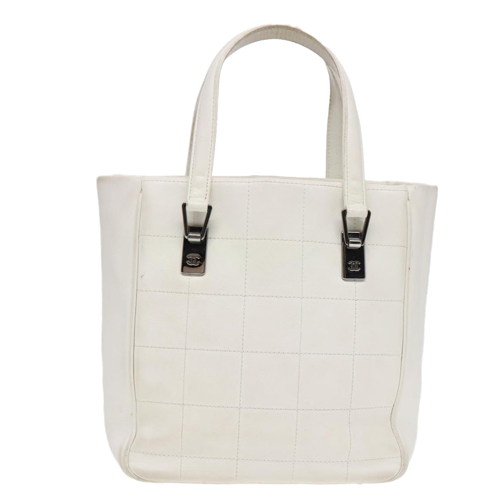 CHANEL Choco Bar Hand Bag Leather White Silver CC yk14765