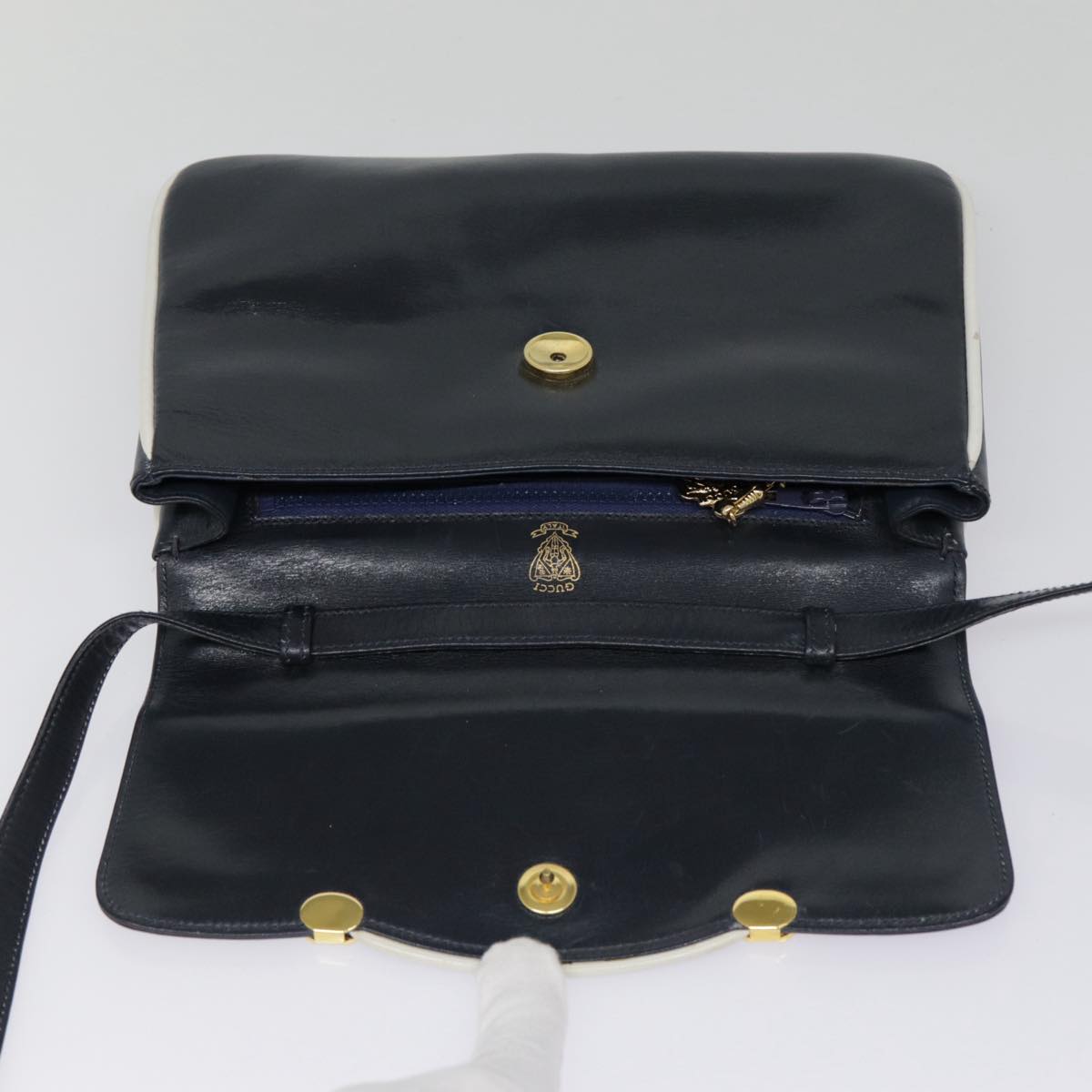 GUCCI Shoulder Bag Leather Navy Gold yk14768