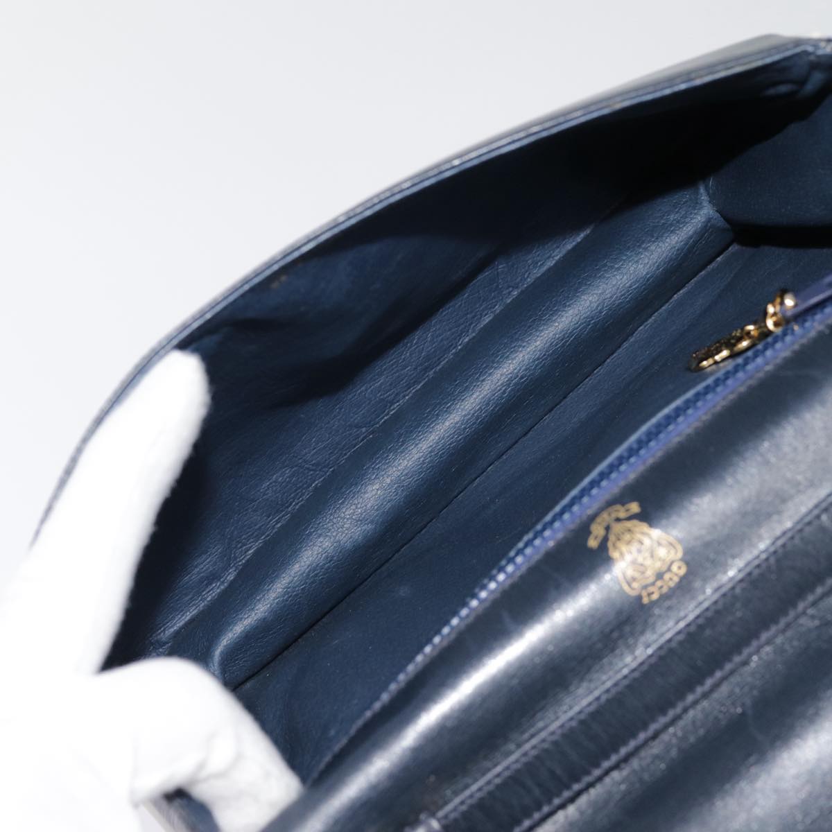 GUCCI Shoulder Bag Leather Navy Gold yk14768