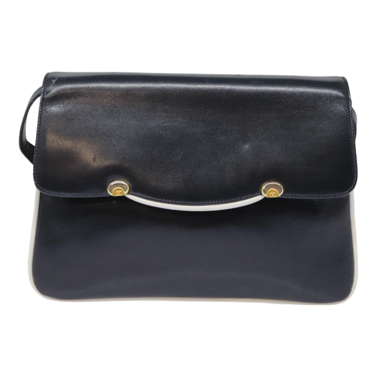 GUCCI Shoulder Bag Leather Navy Gold yk14768