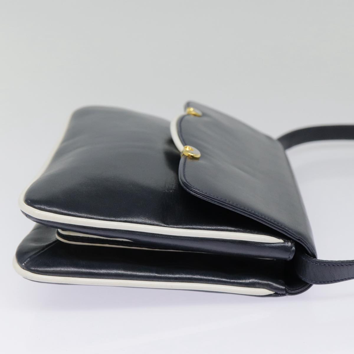 GUCCI Shoulder Bag Leather Navy Gold yk14768