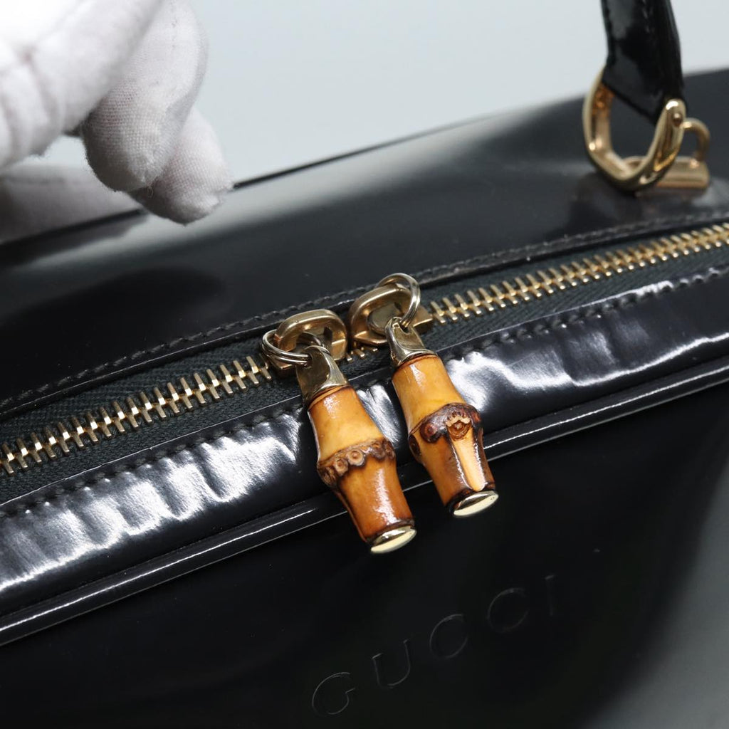 GUCCI Bamboo vanity Hand Bag Patent leather 2way Black Gold yk14795