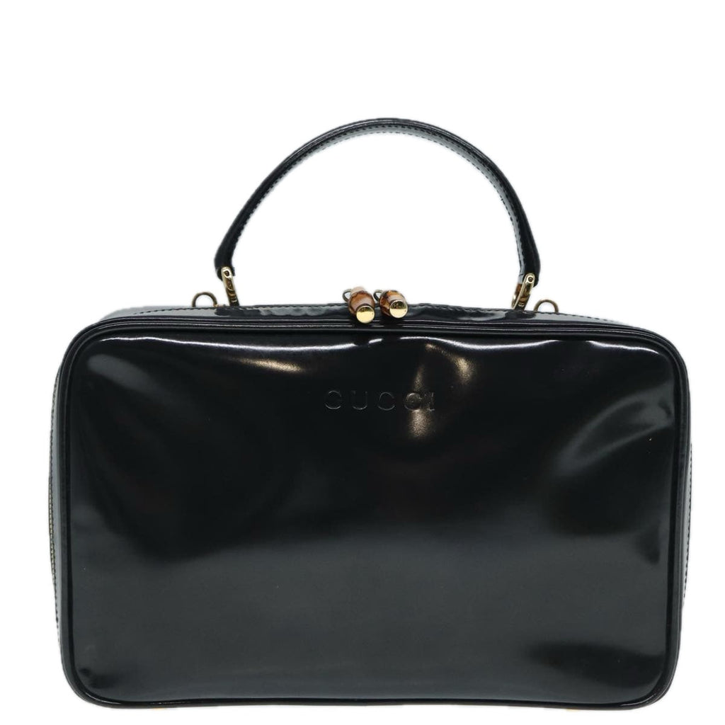 GUCCI Bamboo vanity Hand Bag Patent leather 2way Black Gold yk14795