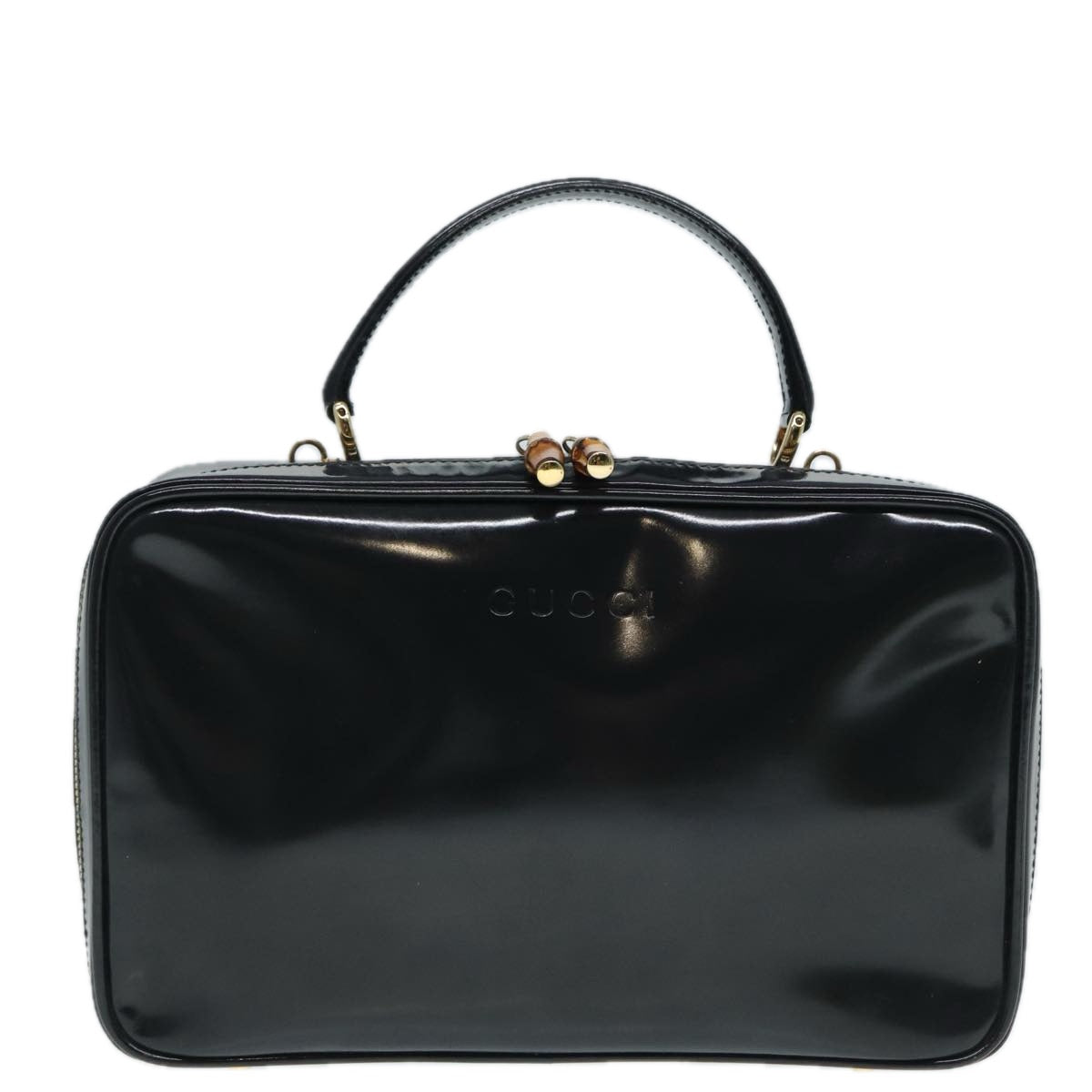GUCCI Bamboo vanity Hand Bag Patent leather 2way Black Gold yk14795