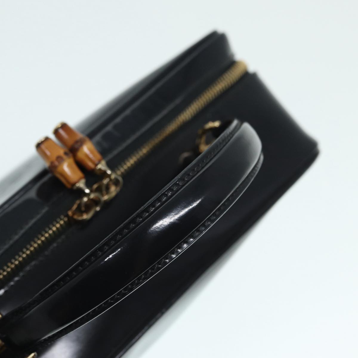 GUCCI Bamboo vanity Hand Bag Patent leather 2way Black Gold yk14795