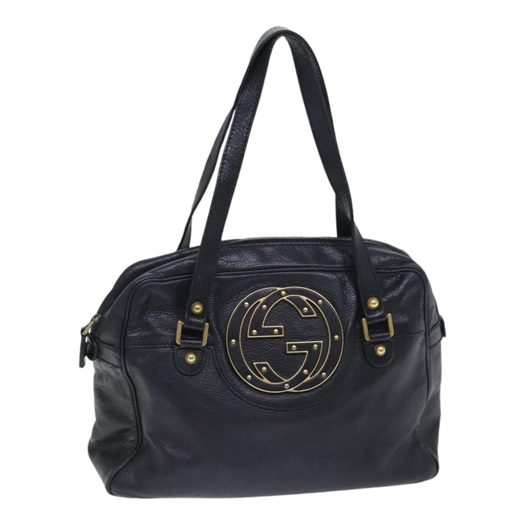 GUCCI Interlocking Shoulder Bag Leather Black Gold 121544 yk14805