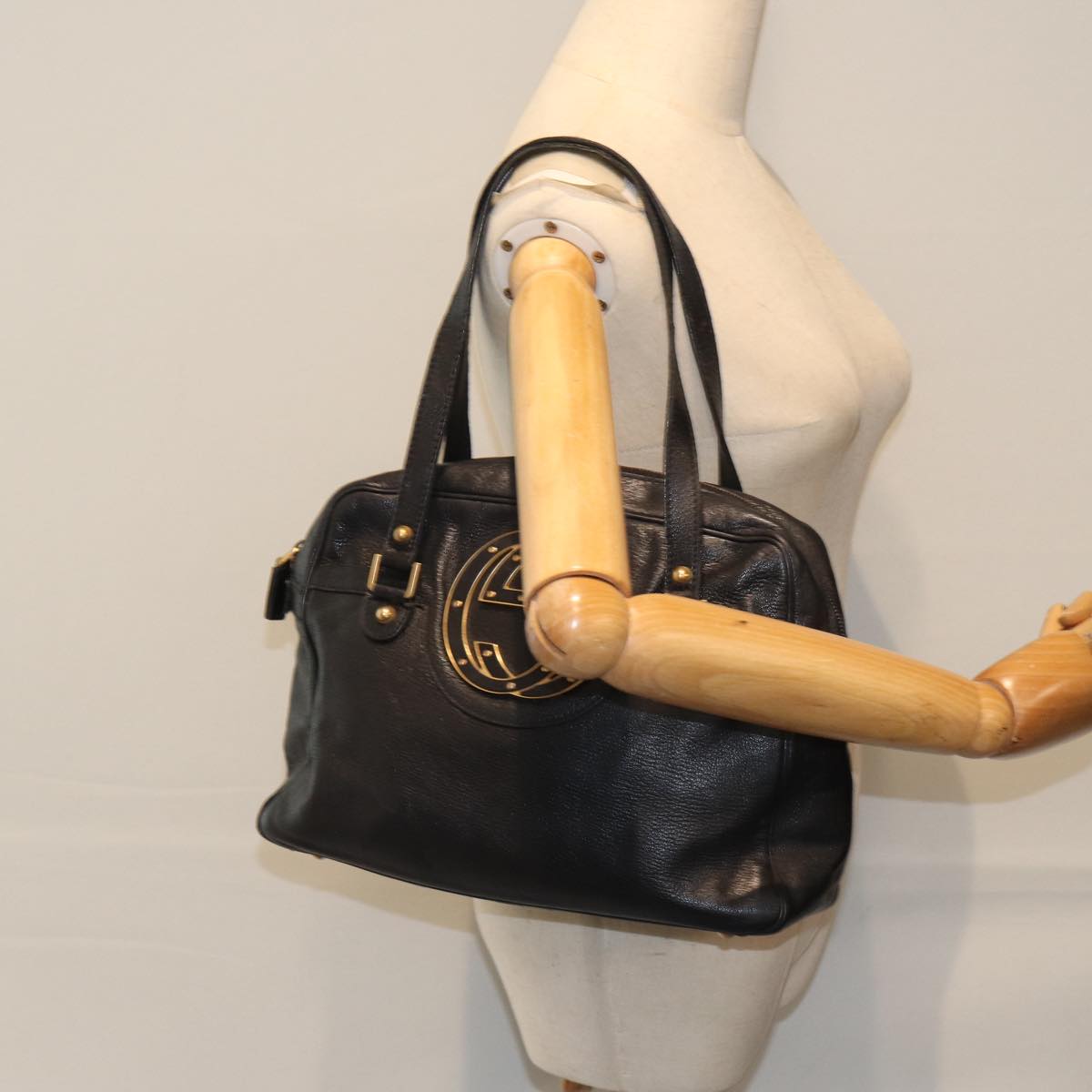 GUCCI Interlocking Shoulder Bag Leather Black Gold 121544 yk14805