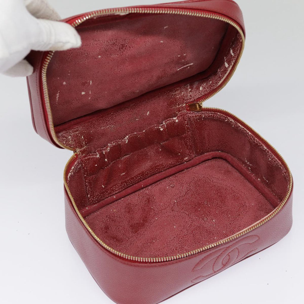 CHANEL Vanity COCO Mark Cosmetic Pouch Caviar Skin Red Gold CC yk14831