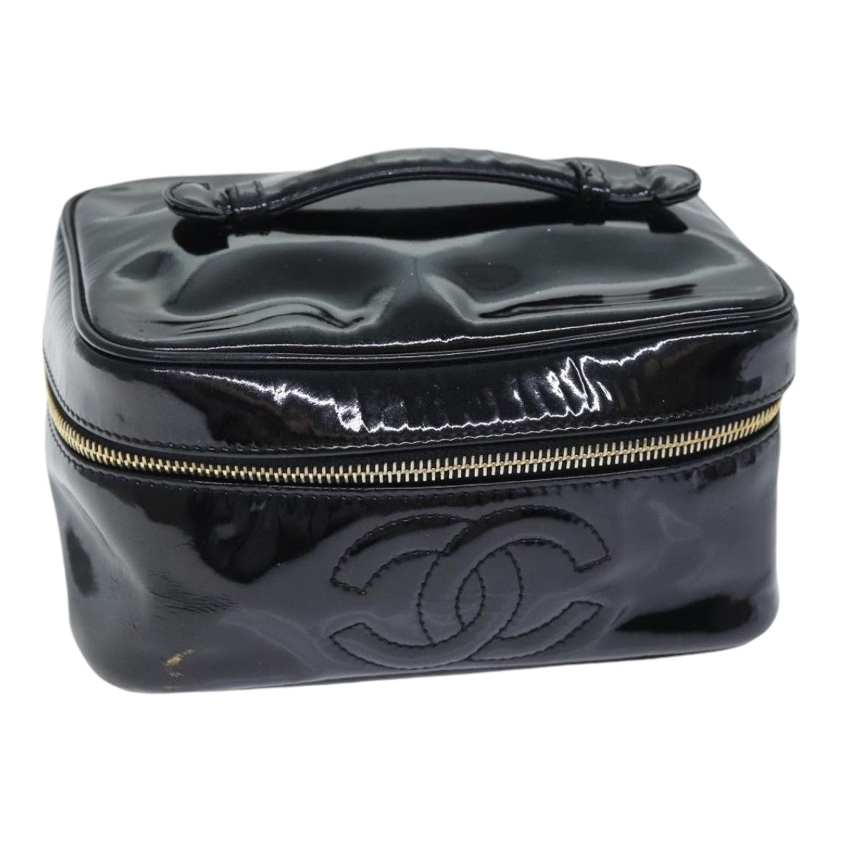 CHANEL COCO Mark Vanity Pouch Patent leather Black Gold CC yk14841