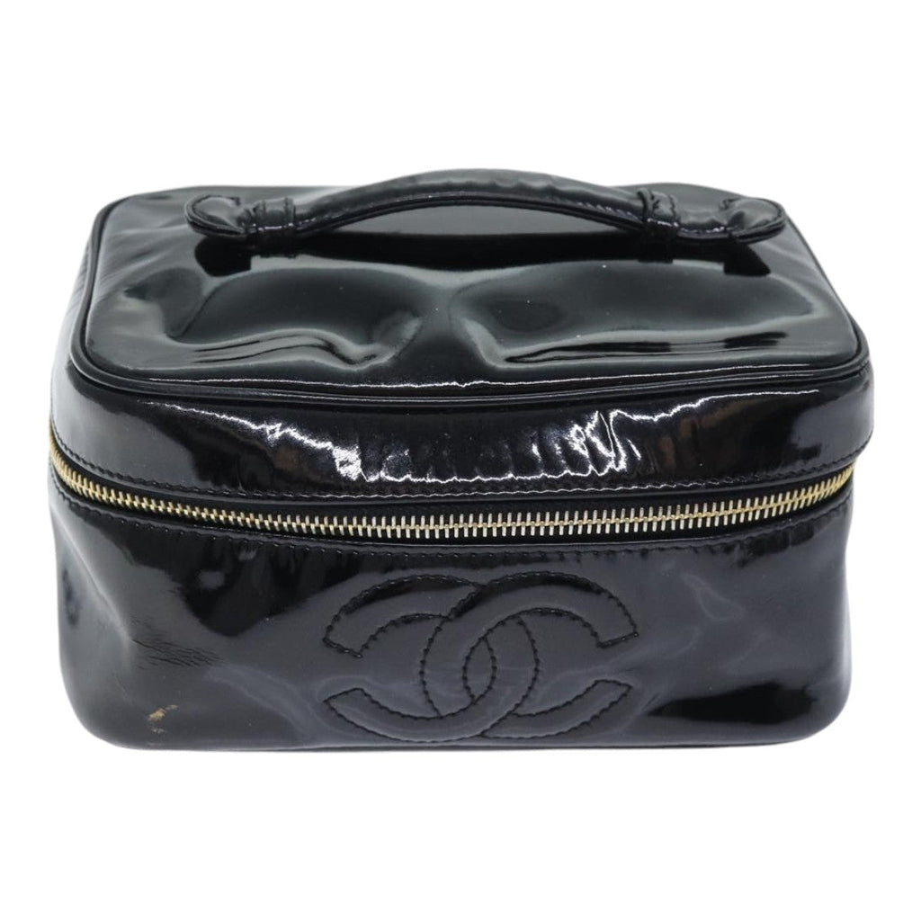 CHANEL COCO Mark Vanity Pouch Patent leather Black Gold CC yk14841