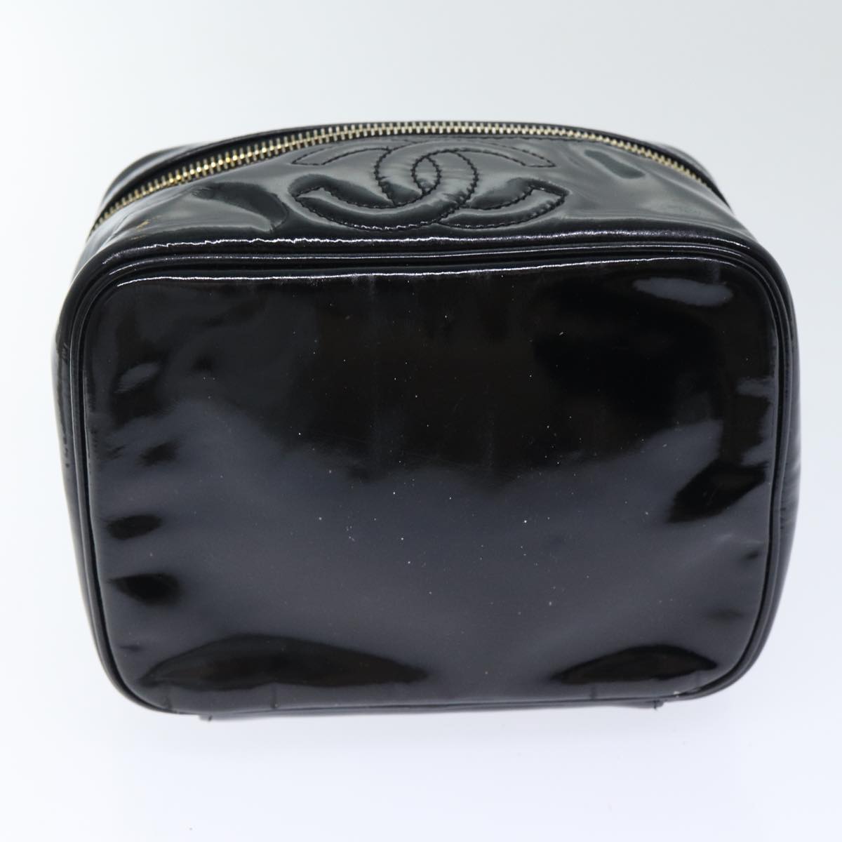 CHANEL COCO Mark Vanity Pouch Patent leather Black Gold CC yk14841