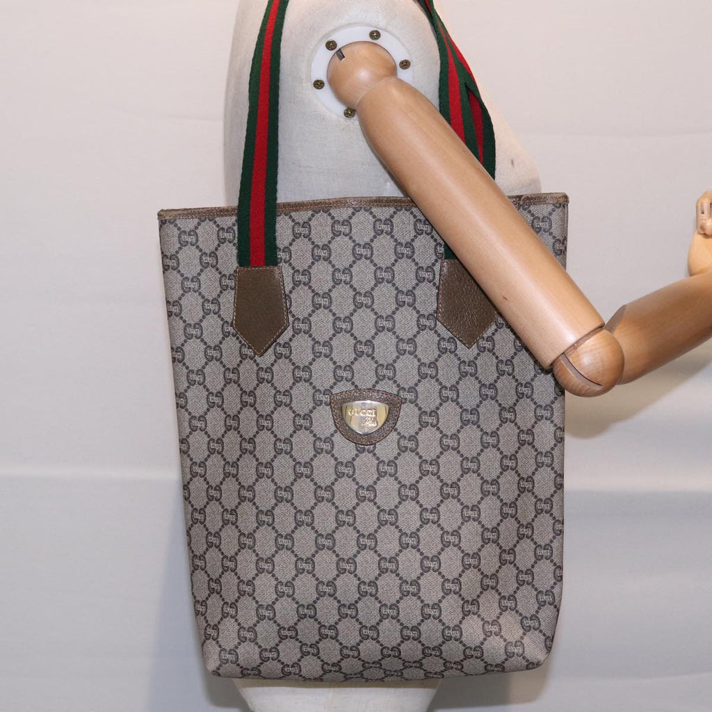 GUCCI GG Plus Supreme Web Sherry Line Tote Bag PVC Beige Gold yk14848