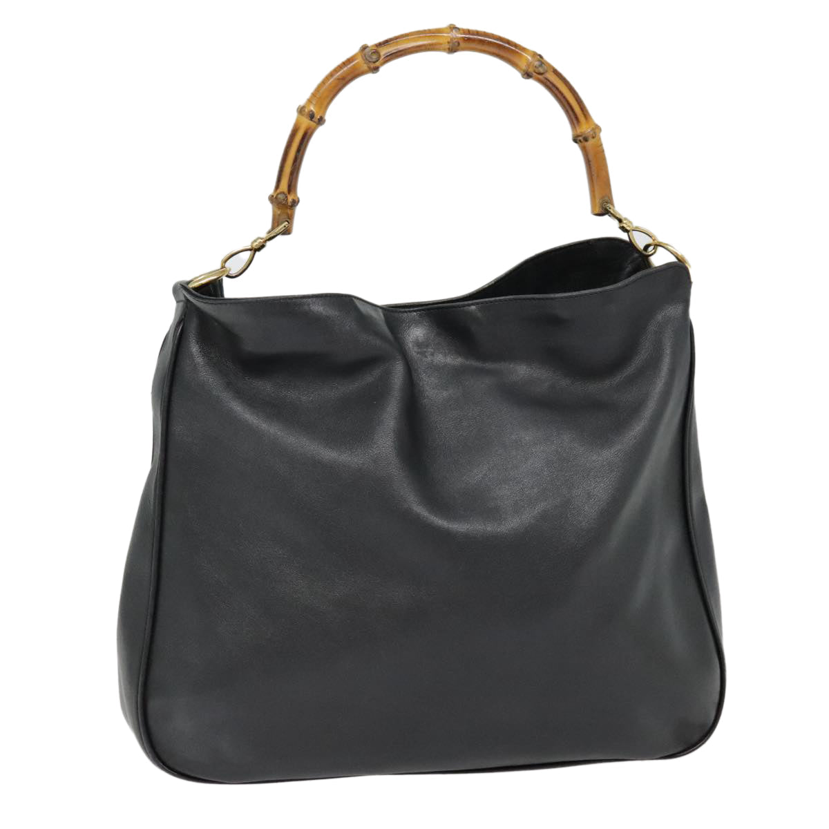 GUCCI Bamboo Hand Bag Leather Black Gold yk14858