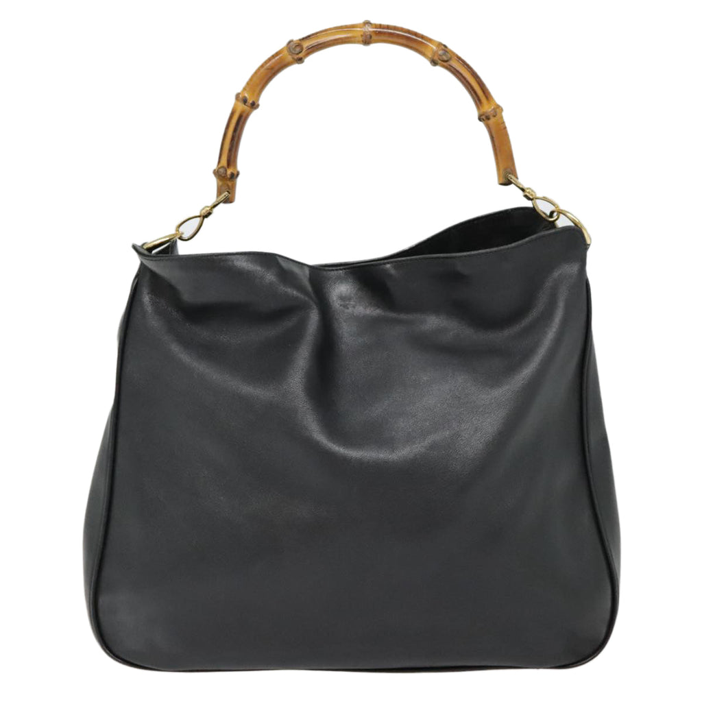 GUCCI Bamboo Hand Bag Leather Black Gold yk14858
