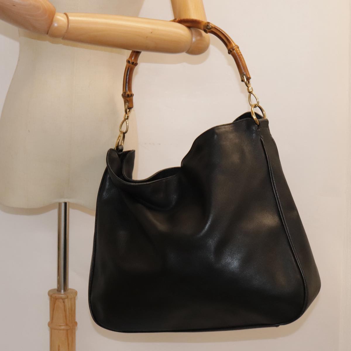 GUCCI Bamboo Hand Bag Leather Black Gold yk14858