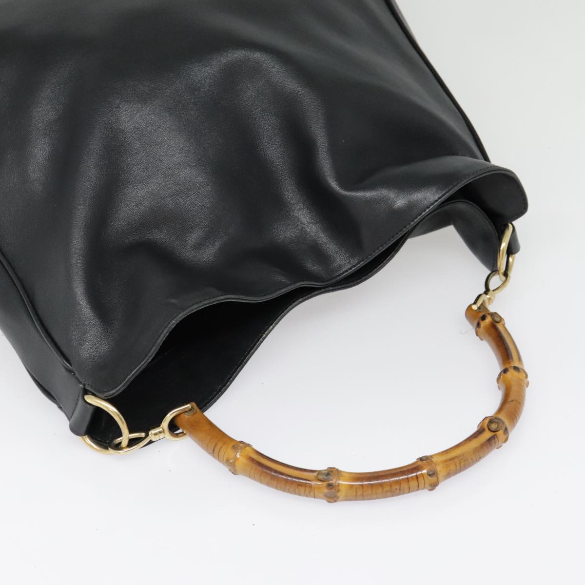 GUCCI Bamboo Hand Bag Leather Black Gold yk14858