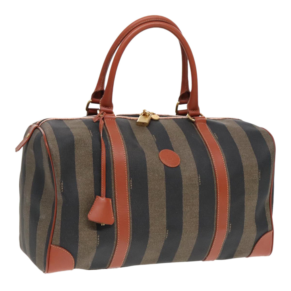 FENDI Pecan Canvas Boston Bag Brown Black gold yk14862