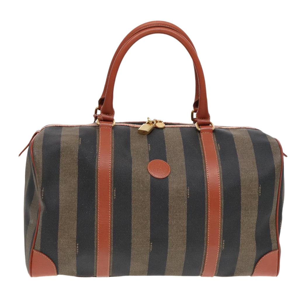 FENDI Pecan Canvas Boston Bag Brown Black gold yk14862