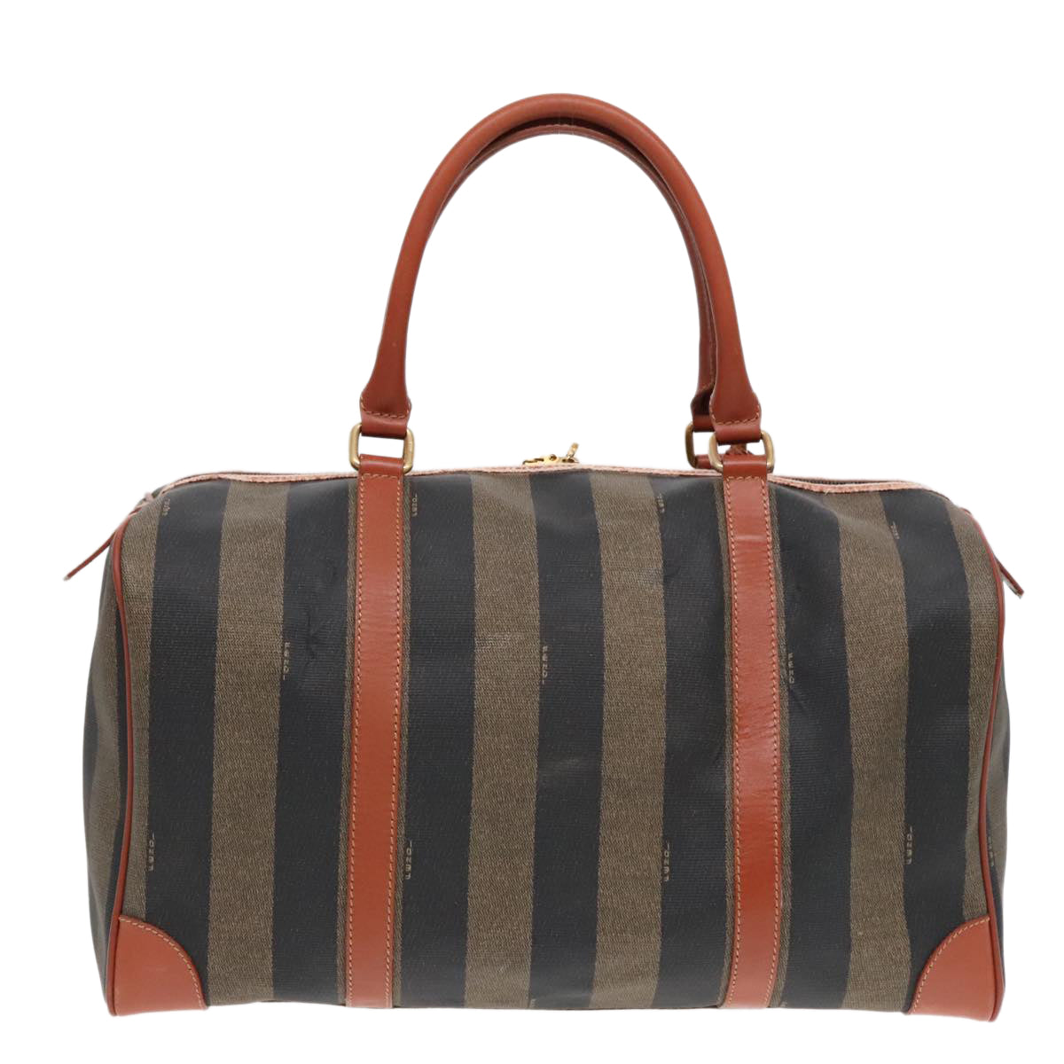 FENDI Pecan Canvas Boston Bag Brown Black gold yk14862