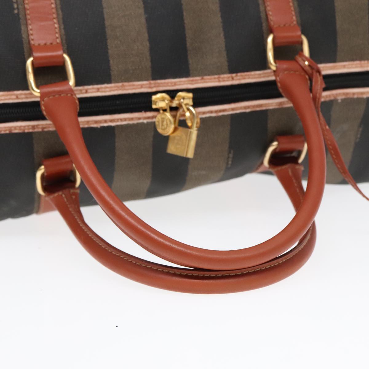 FENDI Pecan Canvas Boston Bag Brown Black gold yk14862