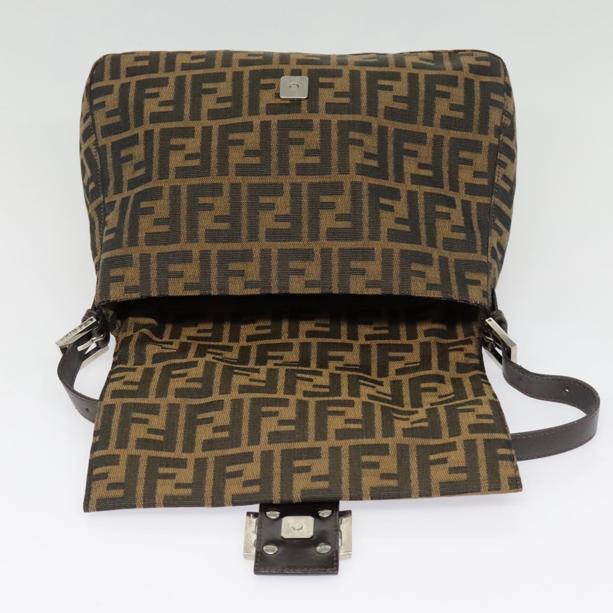 FENDI Zucca Canvas Mamma Baguette Shoulder Bag Brown Black Silver yk14866A