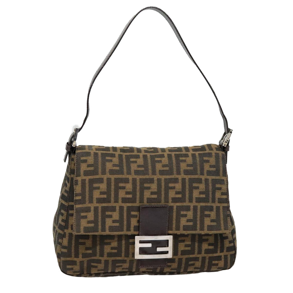 FENDI Zucca Canvas Mamma Baguette Shoulder Bag Brown Black Silver yk14866A