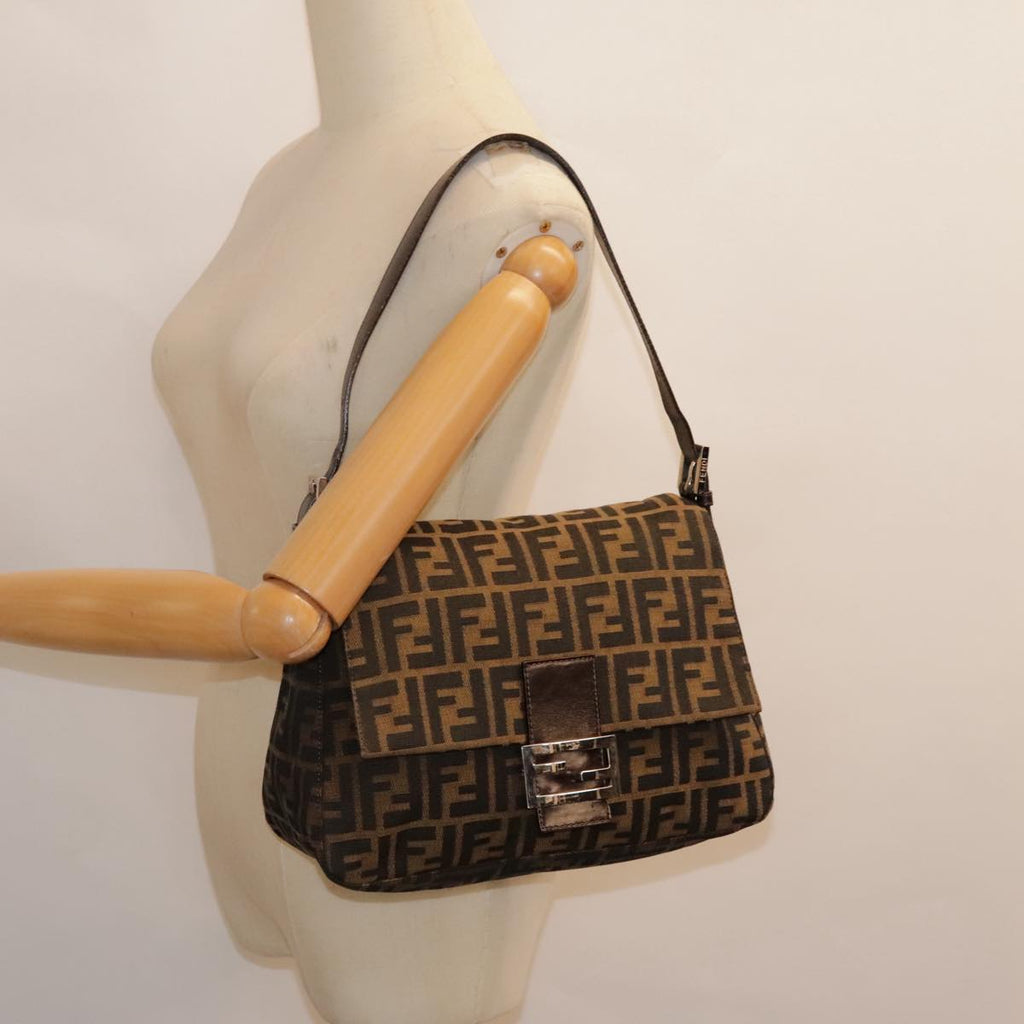 FENDI Zucca Canvas Mamma Baguette Shoulder Bag Brown Black Silver yk14866A